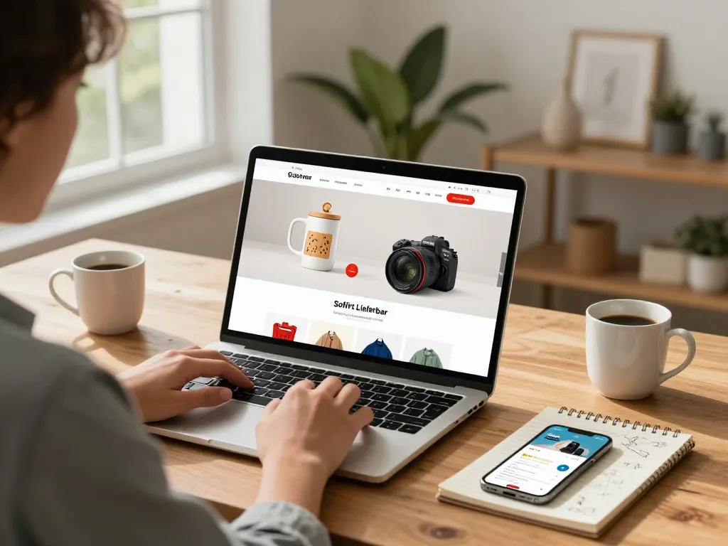 Sofort Lieferbar angezeigt auf einer ansprechenden E-Commerce-Website, die einen Benutzer zeigt, der an einem modernen Schreibtisch einkauft.