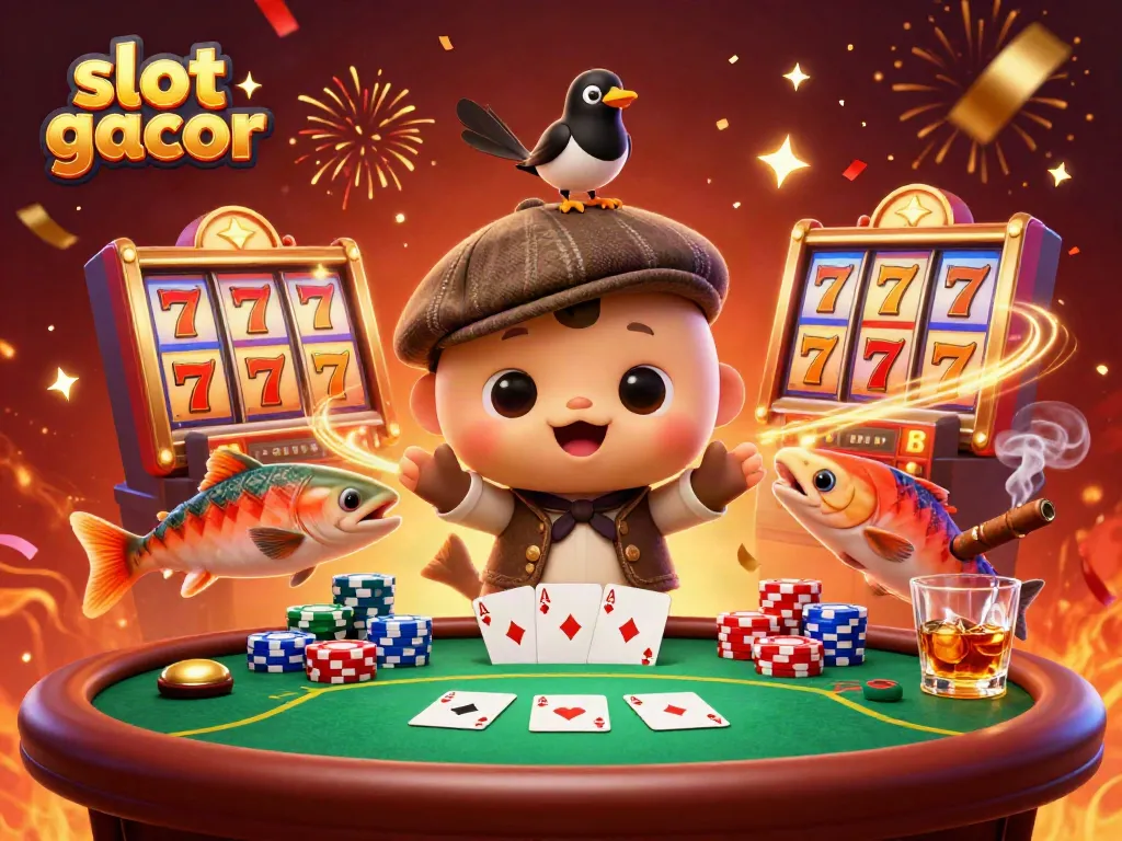 Experience thrilling moments in slot gacor with cartoon characters amid vibrant casino elements.