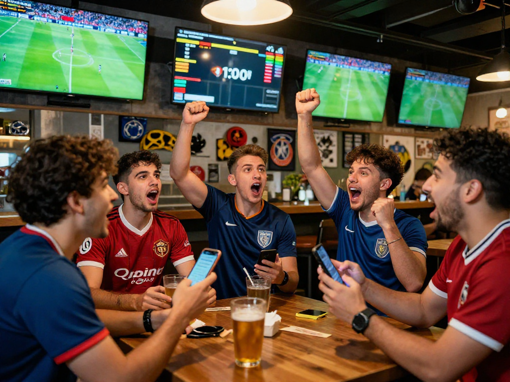 Freunde genießen Fußballwetten ohne Oasis in einem lebhaften Sportbar, während sie ein Spiel schauen und wetten.