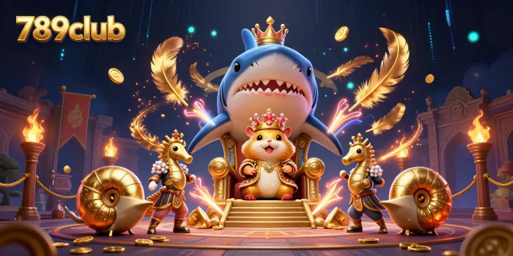 Experience the thrilling 789club adventure with a golden hamster king and his seahorse guards in a vibrant casino setting.