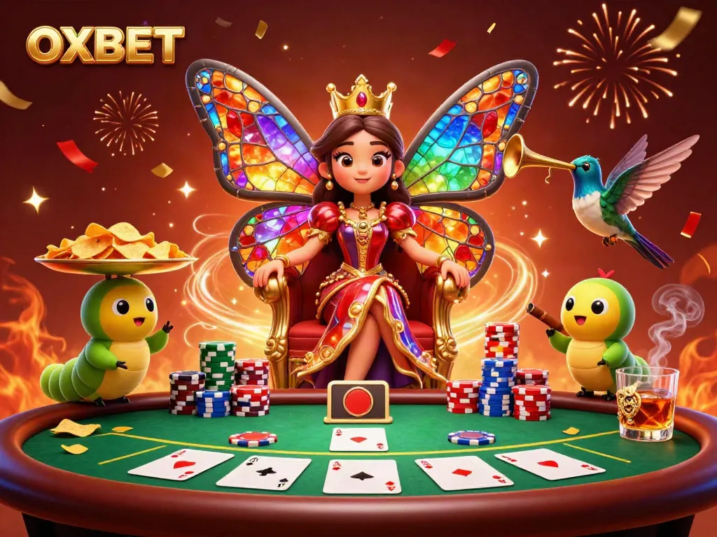 Experience OXBET's vibrant games with a butterfly queen and poker elements in a 3D casino scene.