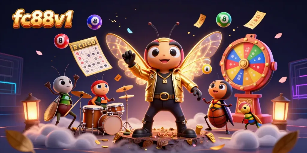 Experience thrilling wins at fc88v1 with a lively 3D illustration of a rock star cicada, lottery elements, and vibrant casino energy.