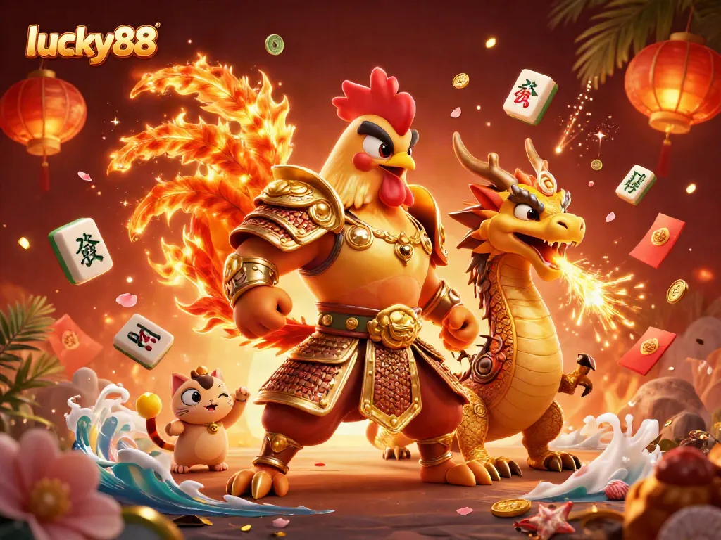 Experience the thrill of lucky88 casino with vibrant 3D characters and festive elements.