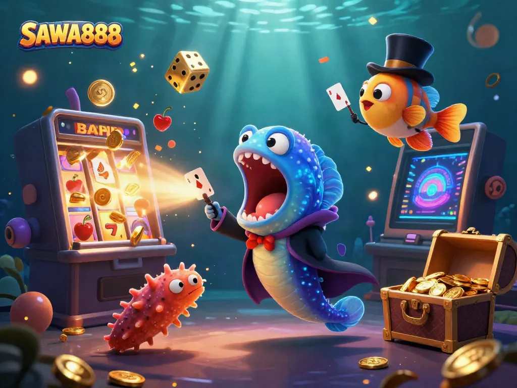 Experience the thrilling world of SAWA888 with a magical underwater scene showcasing unique casino elements and characters in action.