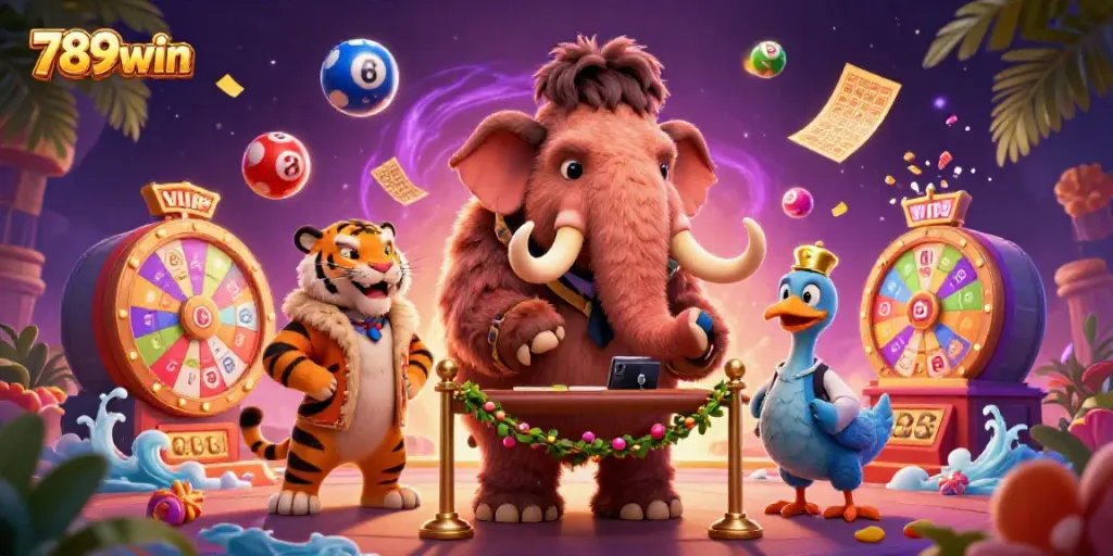 Experience the vibrant 789win casino atmosphere with a cartoon mammoth bouncer, leopard VIP, and dodo doorman.