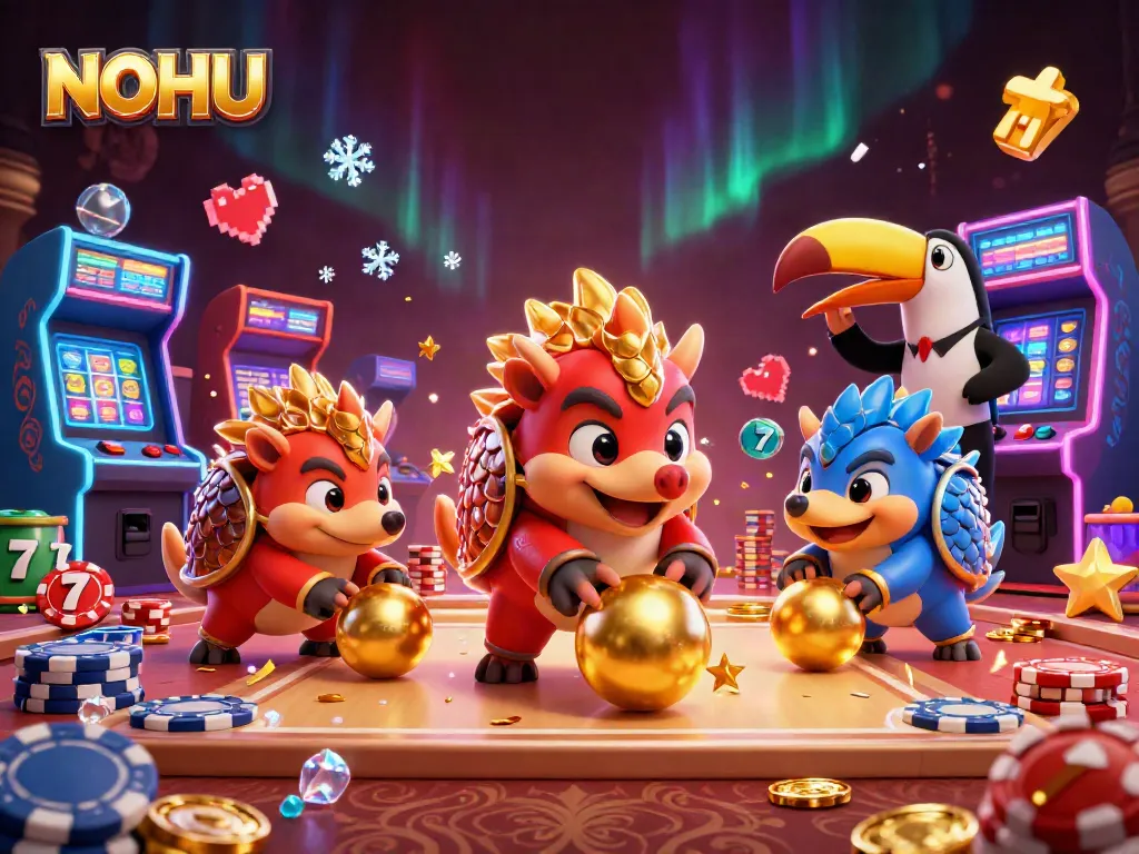 Watch NOHU's dynamic pangolins battle through casino elements, striking gold and fun!