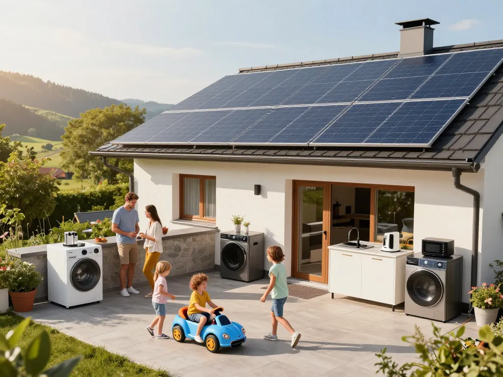 Photovoltaik Bayern - Familie genießt einen sonnigen Tag mit Solarpanelen auf dem Dach in Bayern.