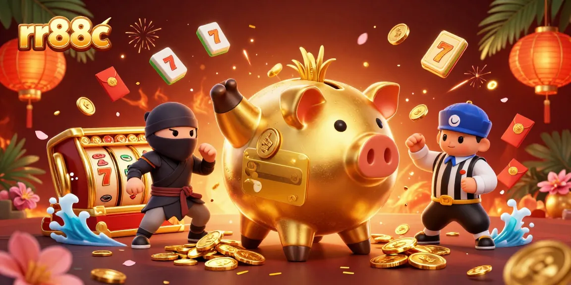Spin and win with rr88c as joyful casino characters celebrate amidst golden coins.