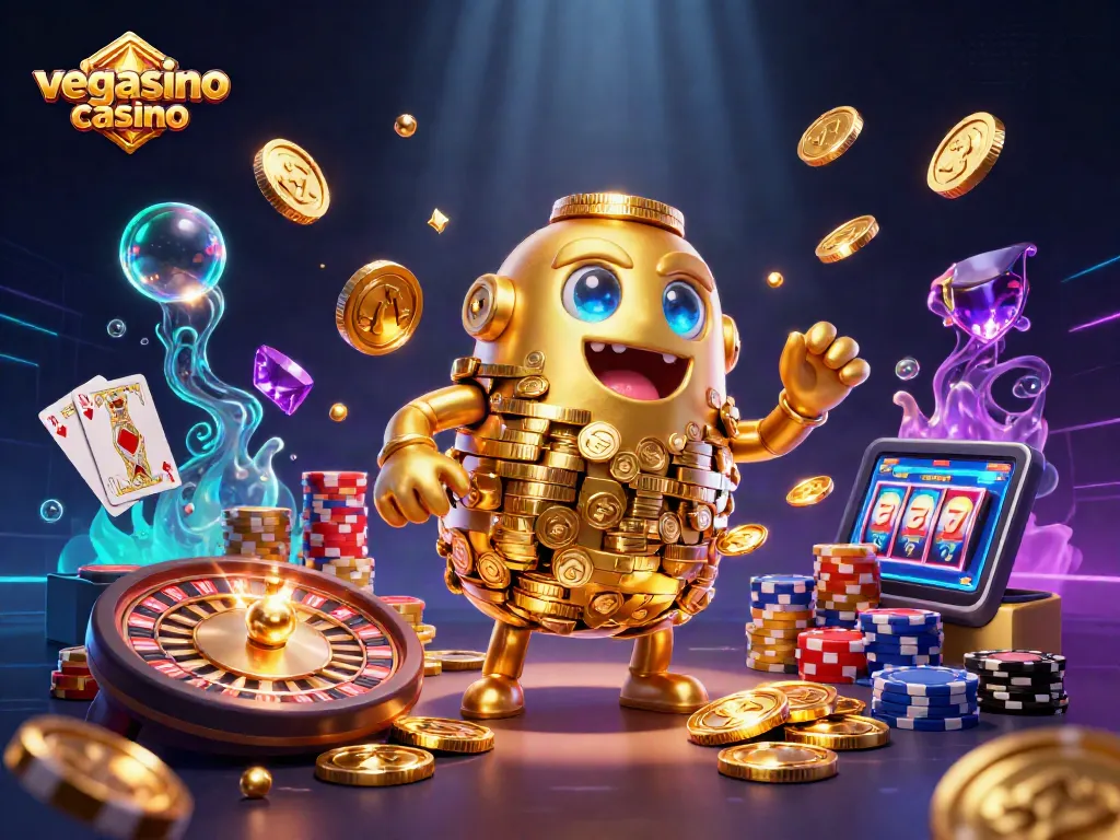 Engage with the thrilling vegasino casino, featuring a golden golem and dynamic game elements.