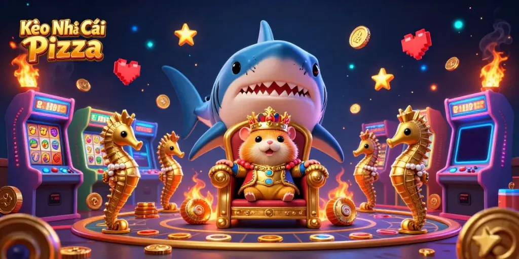 Kèo Nhà Cái Pizza engaging illustration of a golden hamster king on a shark tooth throne amidst vibrant gambling elements.