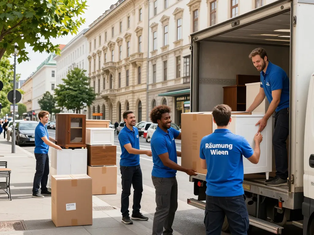 Effiziente Teamarbeit während einer Räumung Wien, professionelle Umzugshelfer organisieren Möbel im urbanen Wien.