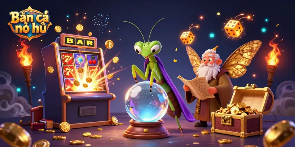 Bắn cá nổ hũ adventure with fortune teller and vibrant slot machine explosion
