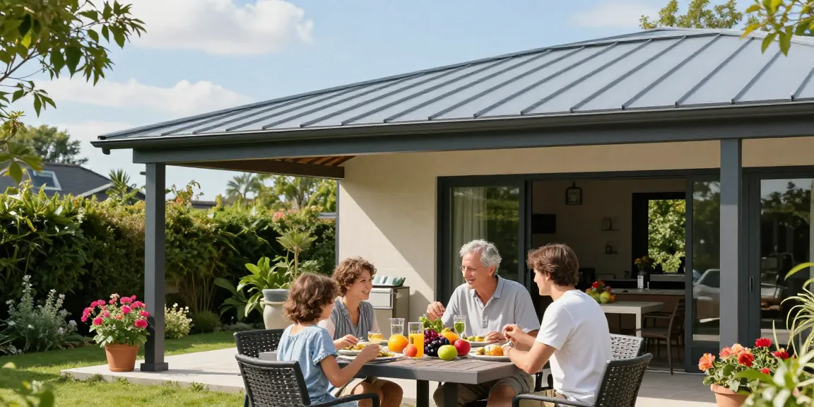Moderne Terrassenüberdachungen in einem Garten mit Familie beim Essen im Freien.
