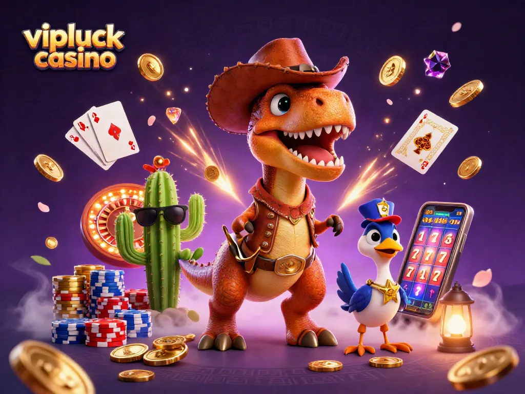 Win big at vipluck casino with vibrant cartoon characters, coins, and playing cards.