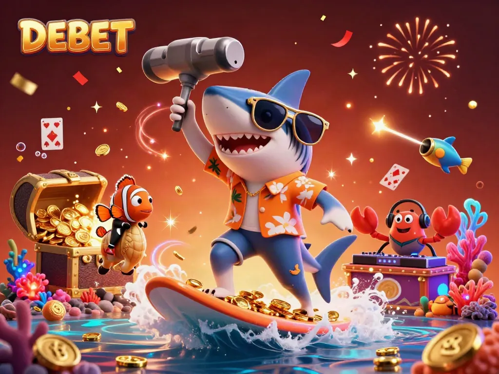 Engaging illustration of DEBET featuring a shark, clownfish, and crab, celebrating with coins and games.