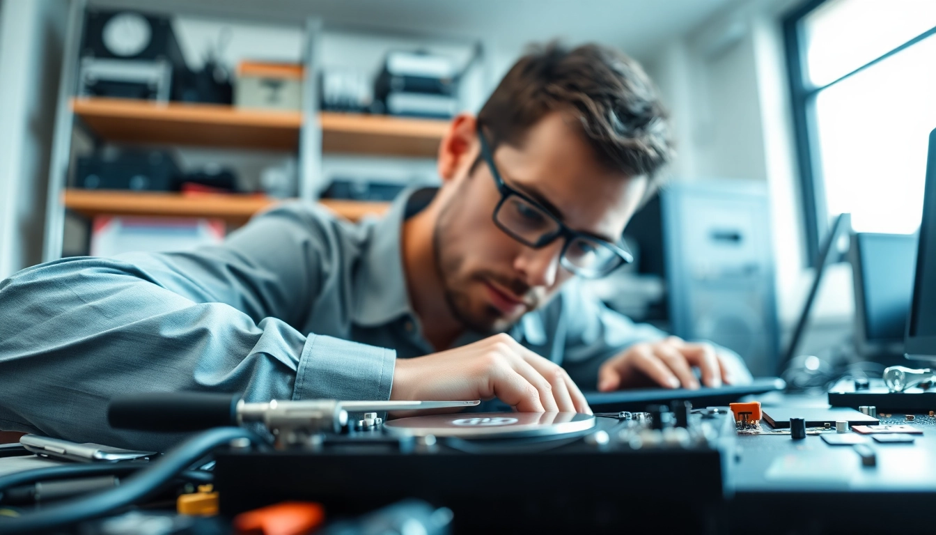 Festplattenrettung Wien: technician engaged in hard drive repair focusing on technical precision.