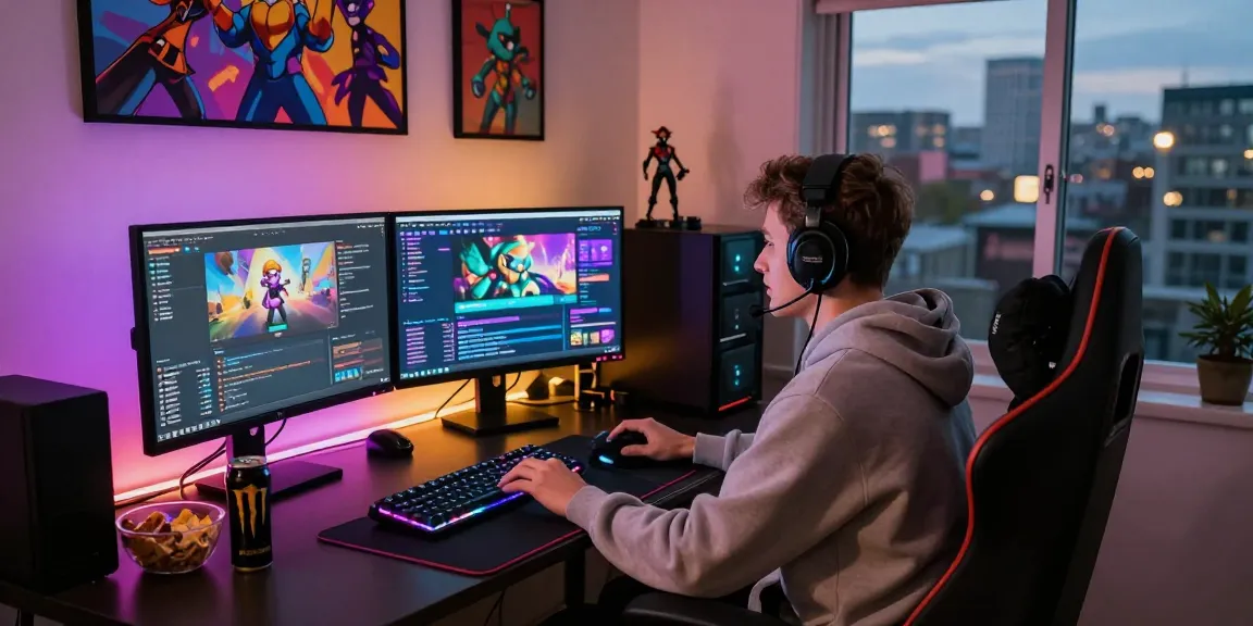 Gamer im Home Office mit Twitch Follower kaufen, lebensechte Streaming-Umgebung und interaktive Bildschirme