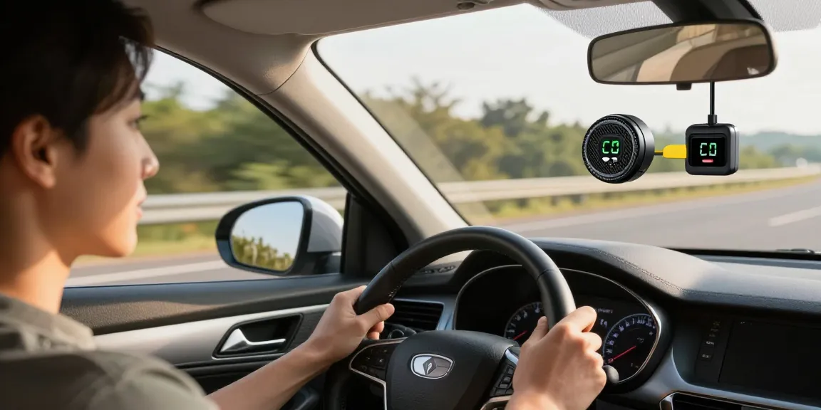 Kohlenmonoxid Detektor Auto sichtbar im Cockpit eines modernen Fahrzeugs, betont Sicherheit während der Fahrt.