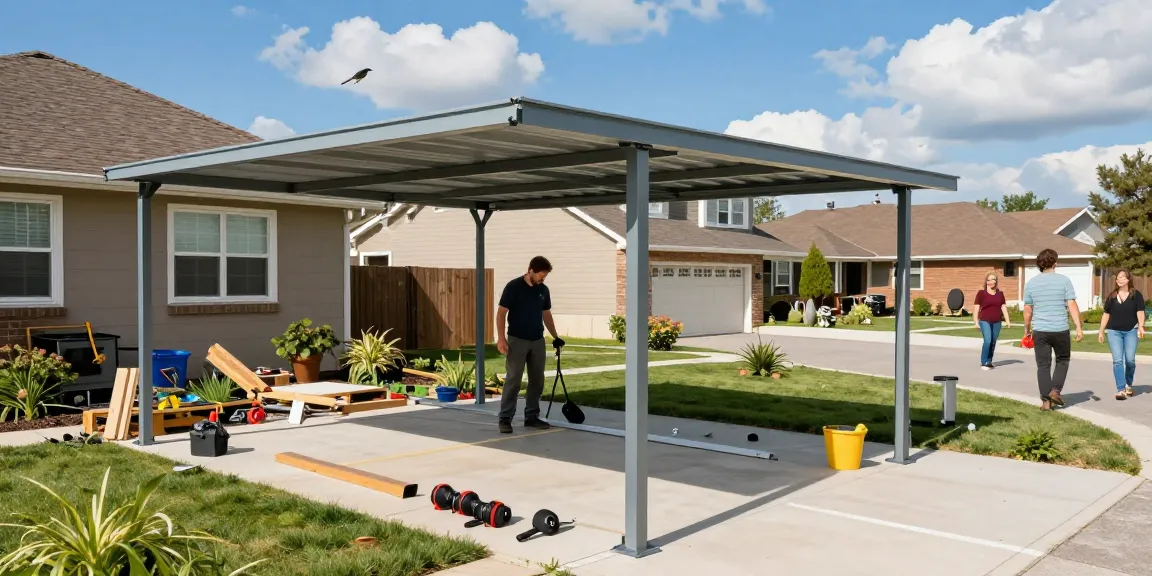 Moderne Carport-Installation mit Technikern in einem Wohngebiet, hell und einladend.