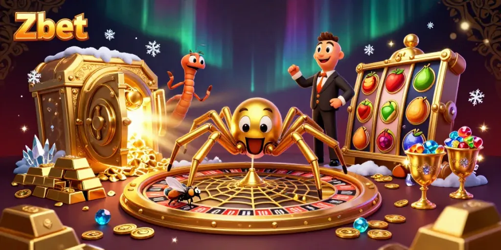 Experience thrilling bets at Zbet with a golden spider roulette web and opulent treasures.