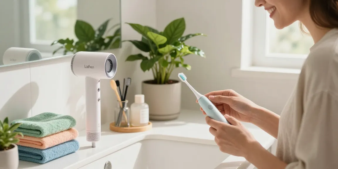 Laifen de Produkte für Mundpflege und Haarstyling im Badezimmer.