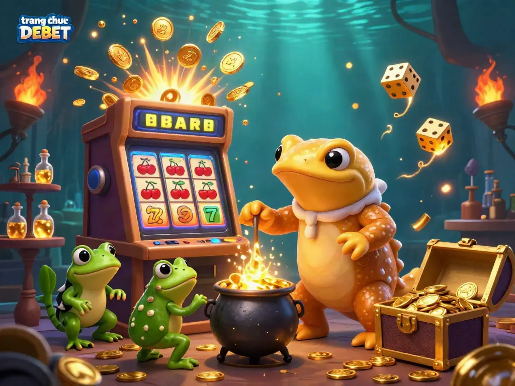 Experience the thrill of trang chủ DEBET with a vibrant 3D illustration showcasing dynamic casino elements and golden treasures.