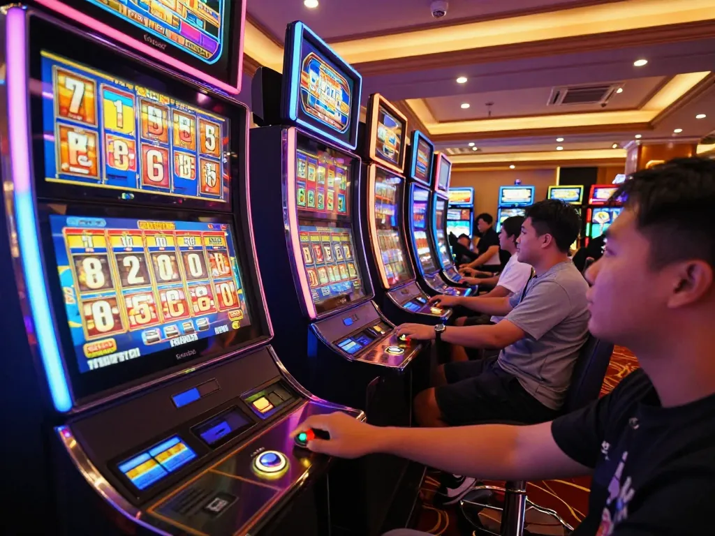 Players engage with vivid slot gacor machines, pressing spin buttons in a lively casino atmosphere.