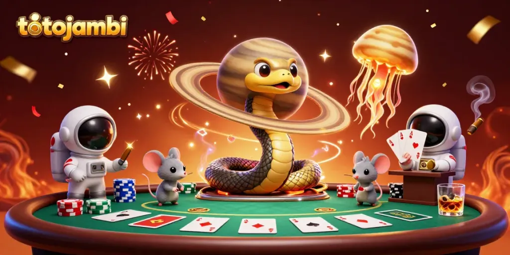 Experience thrilling gameplay with totojambi, featuring a cosmic roulette scene where vibrant characters engage in gamble adventures.