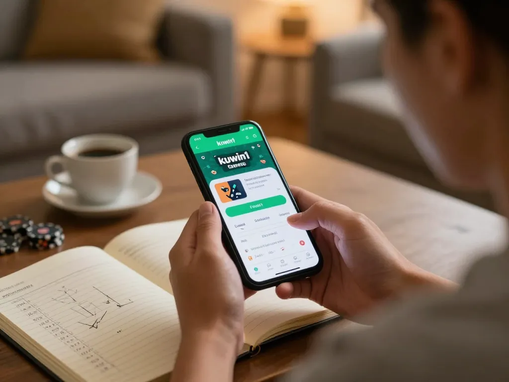 Engaging in kuwin1 online casino gaming on smartphone within a cozy home setting