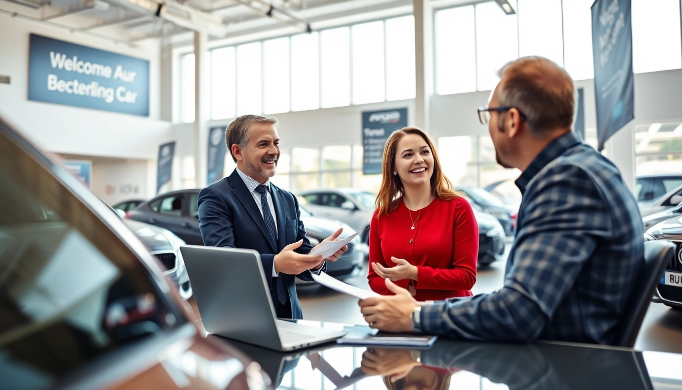Autoankauf Beratung in einem modernen Autohaus mit Berater und Kunde.
