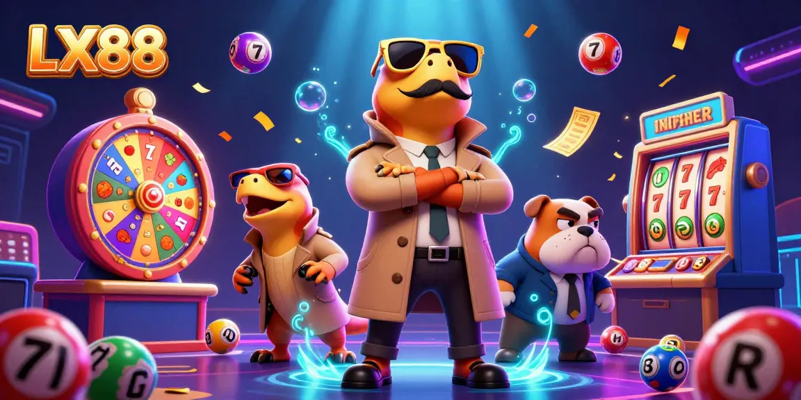 Three cartoon raptors disguised as a person enter a casino, showcasing lottery balls and slot machines - LX88