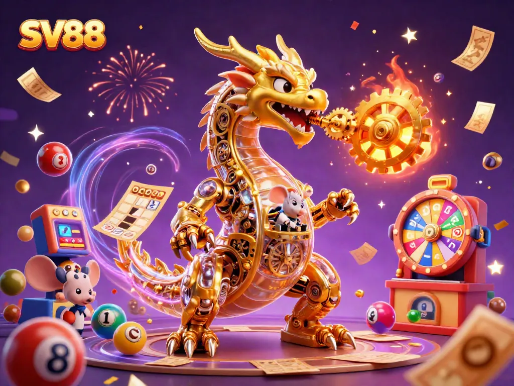 Engage with SV88's exciting casino world, featuring a golden dragon and colorful lottery elements.