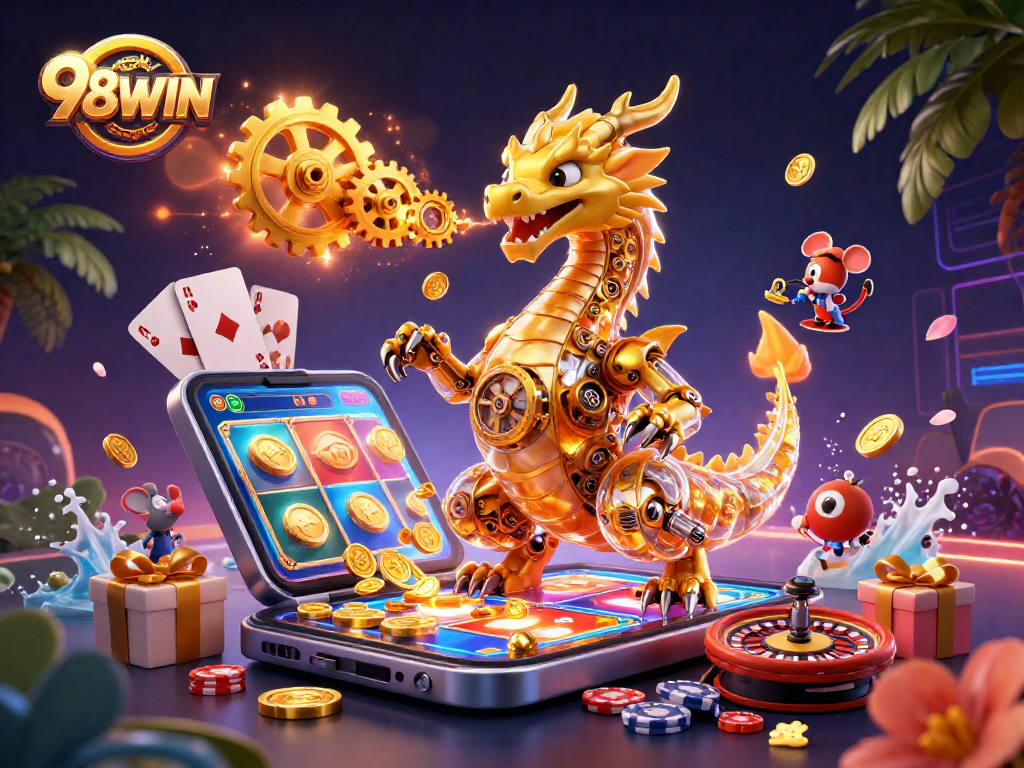 Experience thrilling moments at 98WIN with a vibrant animated scene of gaming excitement.