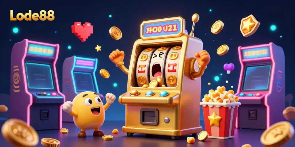 Lode88's vibrant golden slot machine celebrates its jackpot amidst cheering baby slots and dynamic game elements.