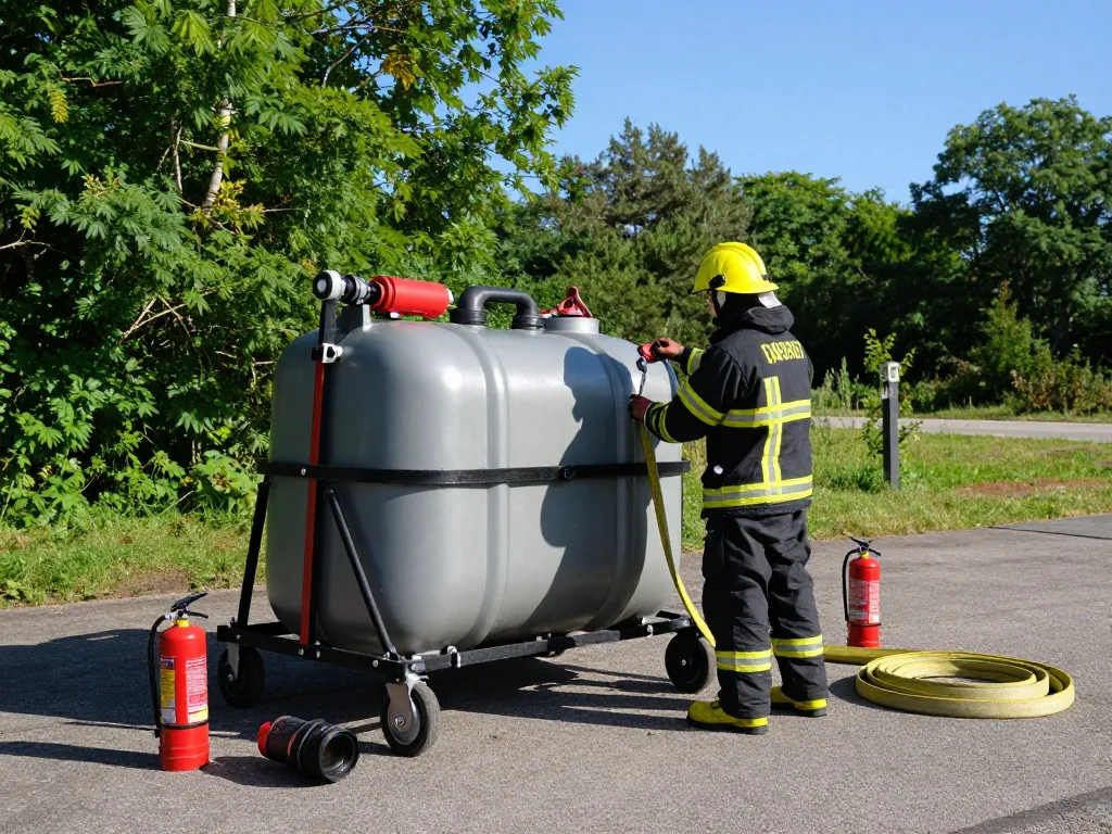 Löschwasserzisterne Genehmigung Deutschland - Feuerwehrmann, der einen faltbaren Wassertank für Brandschutz in einem bewaldeten Gebiet bewertet.