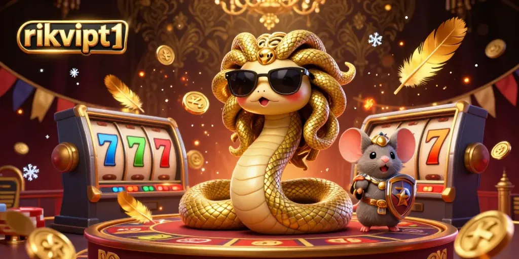 Experience the vibrant casino atmosphere with rikvipt1, showcasing Medusa, a warrior mouse, and dynamic game elements.
