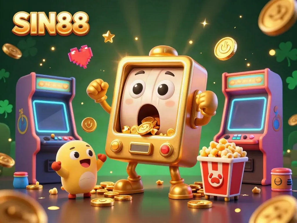 SIN88 slot machine celebrates a jackpot with coins pouring out, surrounded by arcade elements.