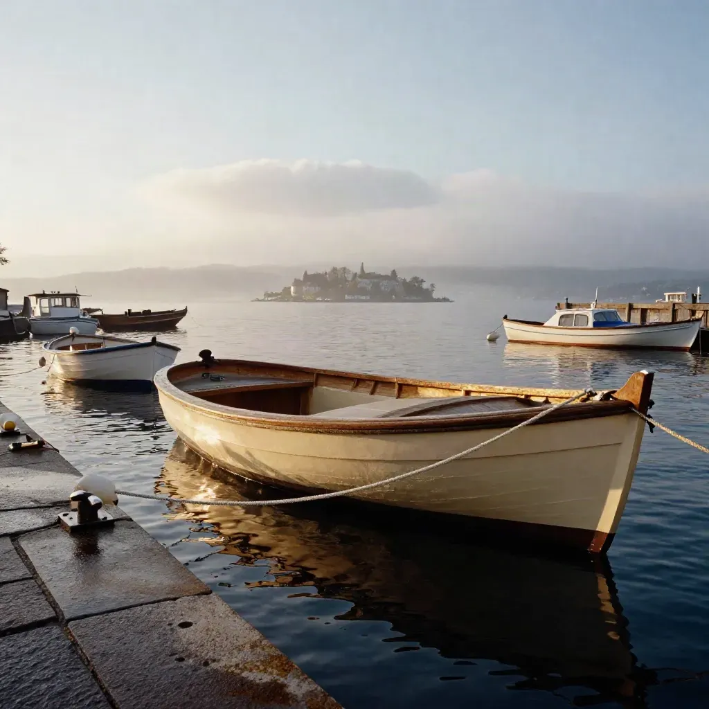 Ruhiger Sonnenaufgang über dem Lindauer Hafen mit goldenen Bootskanten und Nebel.