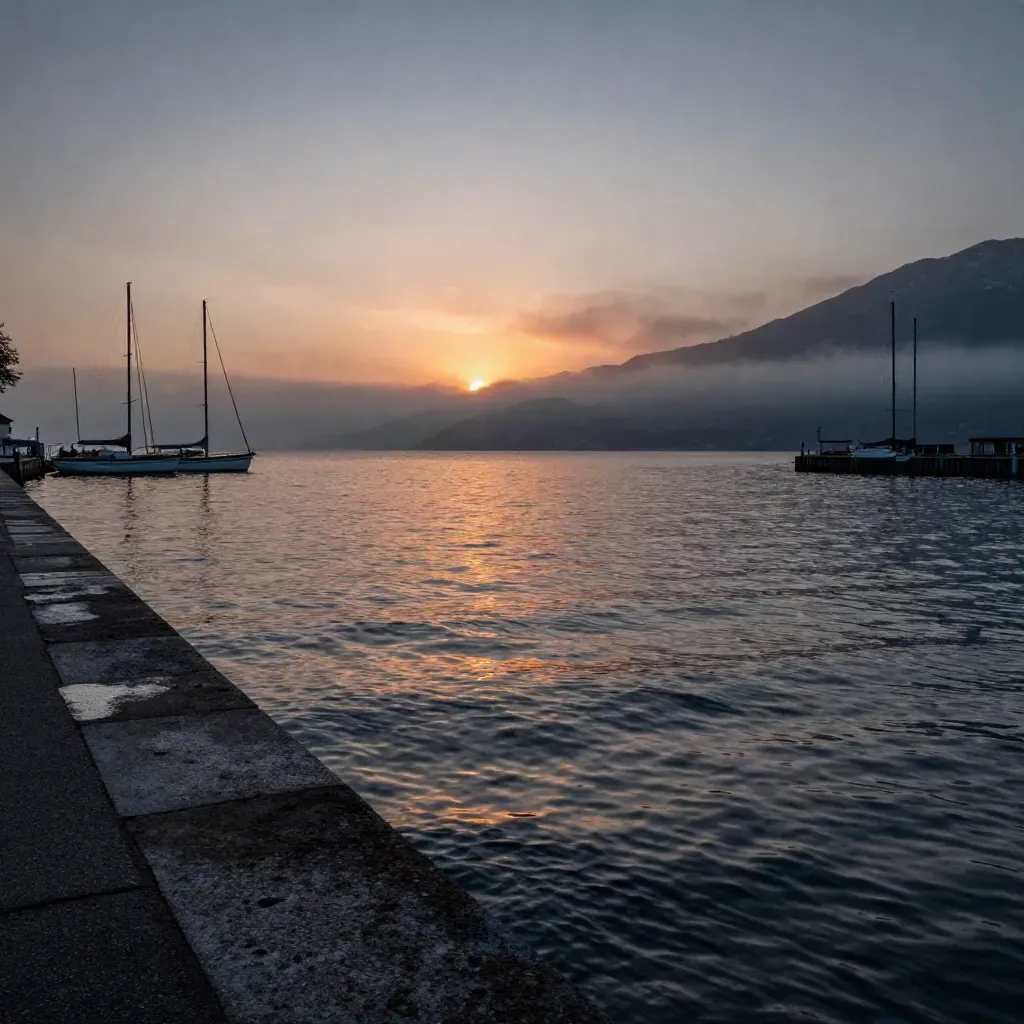 Sonnenuntergang im Lindauer Hafen mit Kupferreflexen, Masten und dunkler Quaisilhouette
