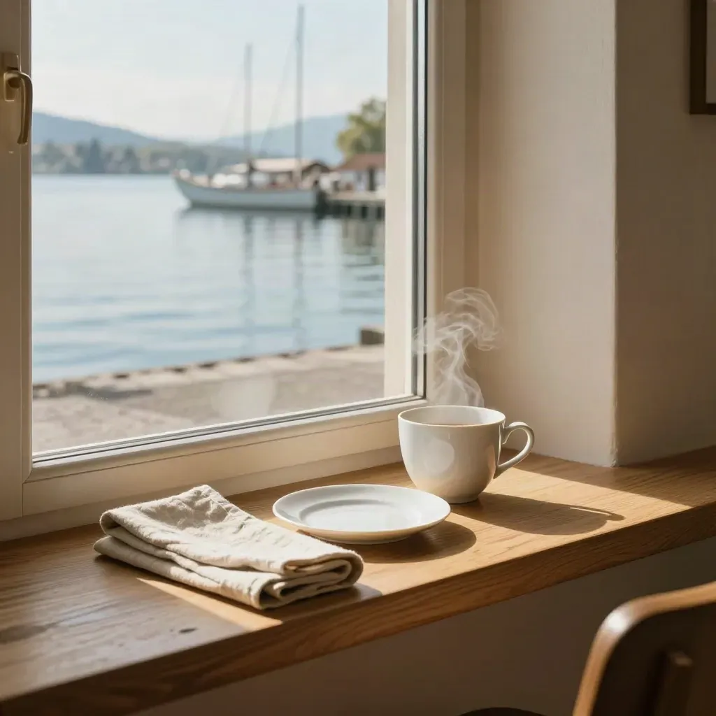Leerer Frühstückstisch am Fenster mit Tasse, Teller und Hafenblick im Morgenlicht.