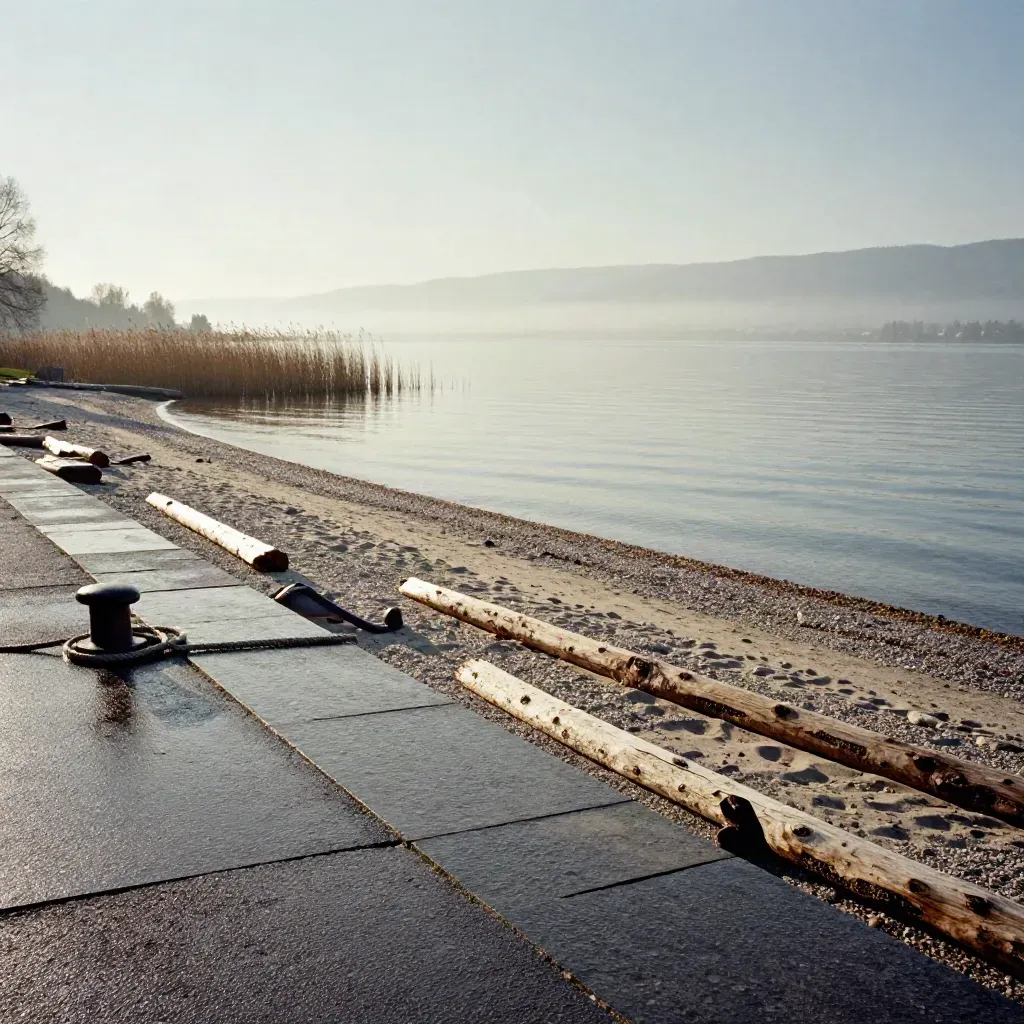 Ruhige Uferlinie am Bodensee mit stiller Bucht, Schilf und leerem Steg im Abendlicht.