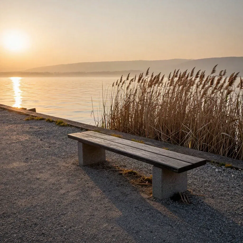 Leerer Uferweg mit Bank, Schilf und goldenen Sonnenreflexen auf dem Bodensee.