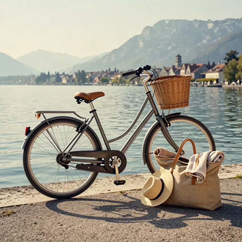 Schräg am Ufer lehnt ein Fahrrad neben Strandtasche; dahinter die Altstadtsilhouette über dem See.