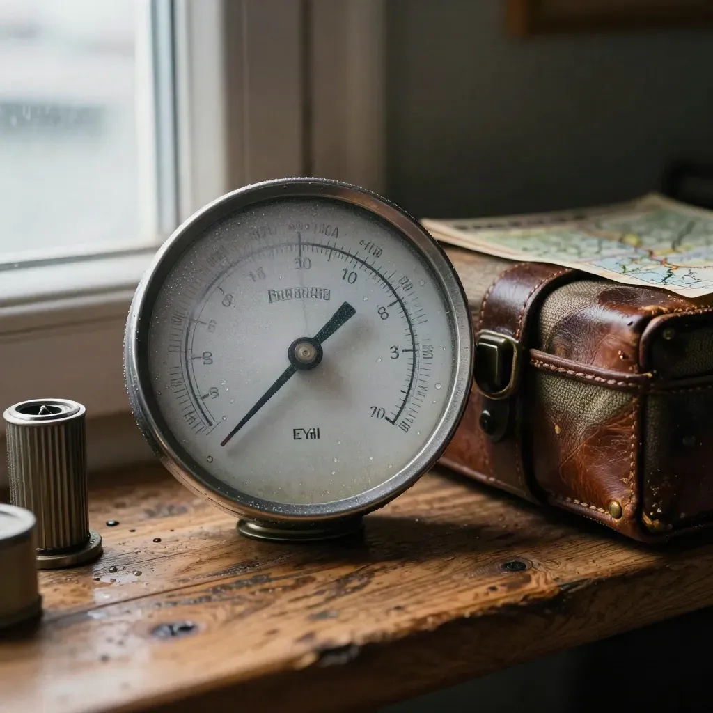 Beschlagenes Wetterbarometer, Regenmesser und Kartentasche im feuchten Maritim-Look.