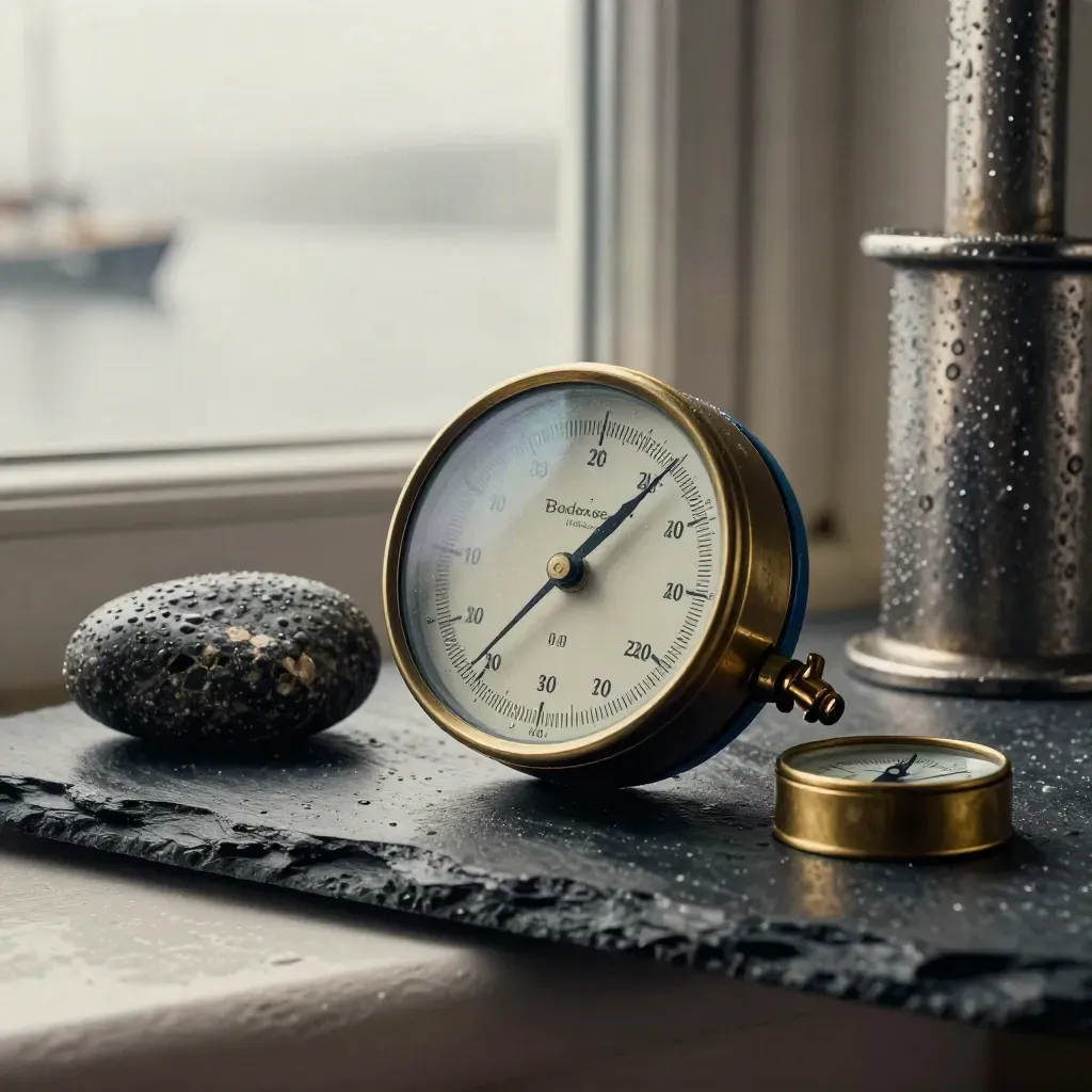 Barometer, nasser Metallröhre und dunkler Stein auf Schiefer im feuchten Seewind.