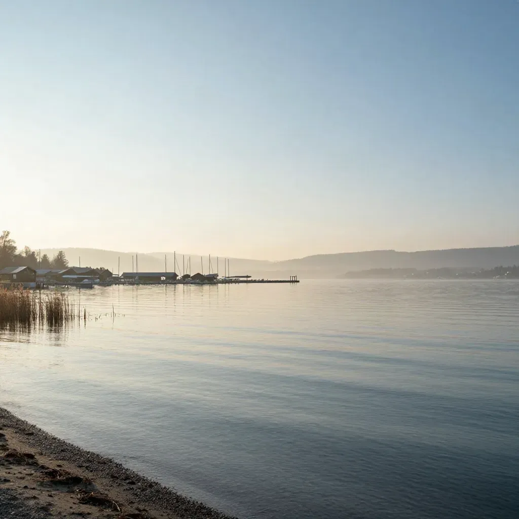 Weite Sicht über das Vorarlberger Seeufer mit goldenem Dunst und ruhigem Wasser