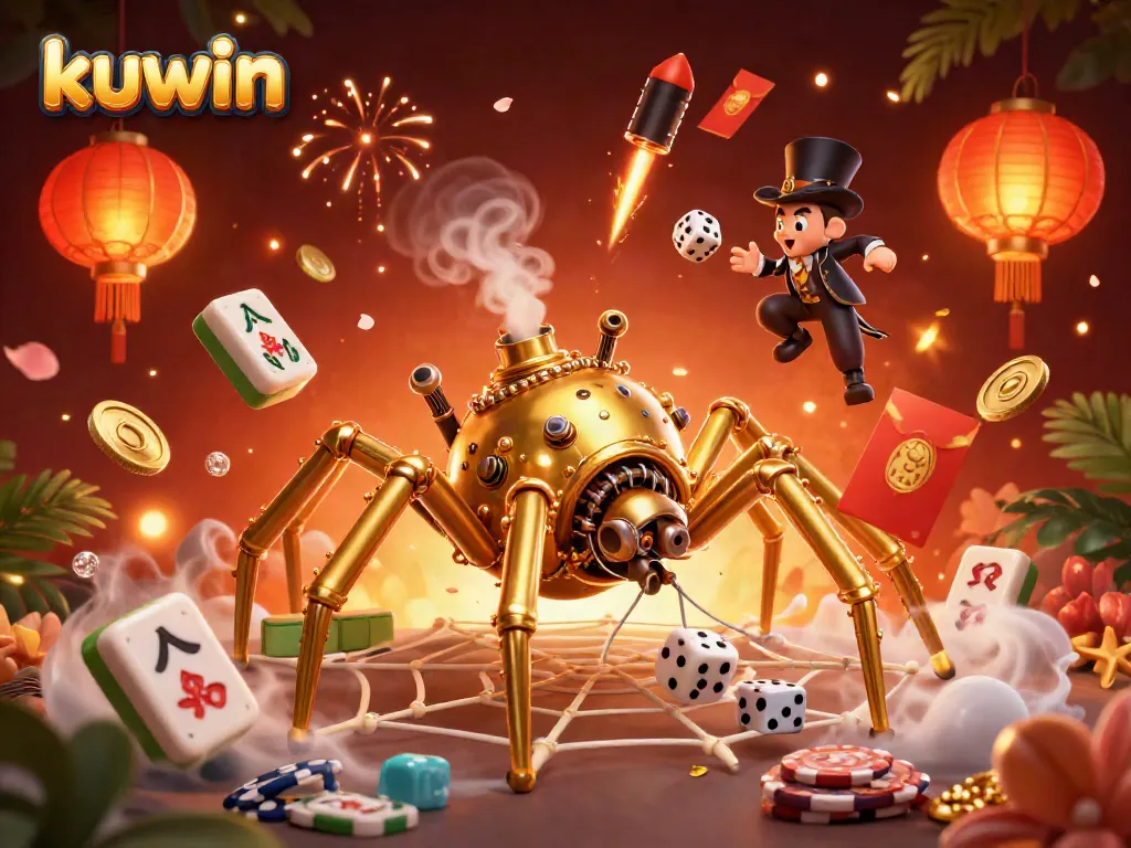 Experience thrilling gameplay at kuwin, featuring a steampunk spider and golden poker chips, in an exciting casino atmosphere.