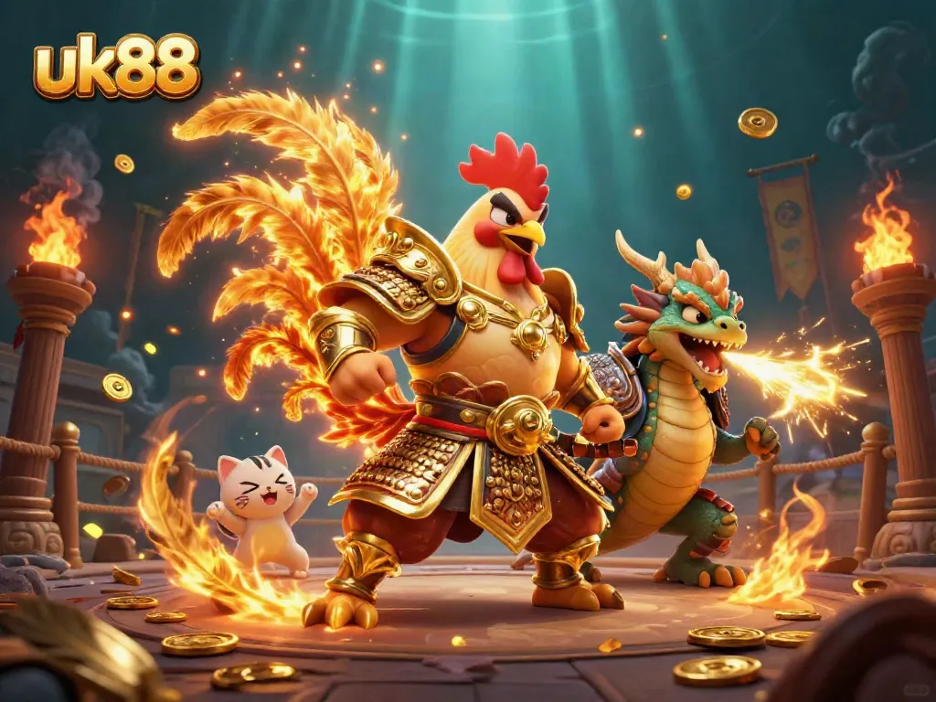 Engage with the thrilling action at uk88's dynamic casino scene featuring an armored rooster and dragon.