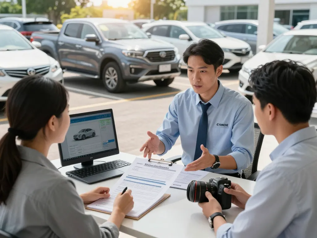 Kunde diskutiert Fahrzeugbewertung mit Autohandel-Experten im Freien, helle Atmosphäre im Autohaus.