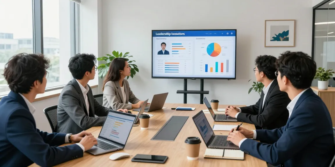 Bewertungsplattform Führung: Team diskutiert Feedback zu Führungskräften in modernem Büro